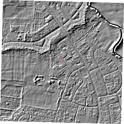 Shaded relief map of the ground around HU95BJ, computed from Environment Agency LiDAR. The ground here sits at about 2 m above sea level and falls 3 m across the surrounding 800 m. Surface water reaching this point runs off ground lying to the north-west, 1.4 m higher.