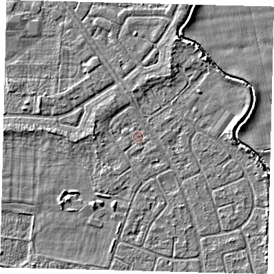 Shaded relief map of the ground around HU95BL, computed from Environment Agency LiDAR. The ground here sits at about 2 m above sea level and falls 3 m across the surrounding 800 m. Surface water reaching this point runs off ground lying to the south-east, 0.6 m higher.