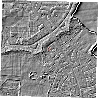 Shaded relief map of the ground around HU95BN, computed from Environment Agency LiDAR. The ground here sits at about 2 m above sea level and falls 3 m across the surrounding 800 m. Surface water reaching this point runs off ground lying to the west-south-west, 1.4 m higher.