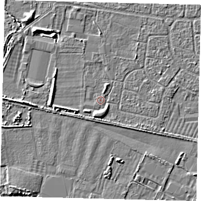 Shaded relief map of the ground around HU95BS, computed from Environment Agency LiDAR. The ground here sits at about 2 m above sea level and falls 5 m across the surrounding 800 m. Surface water reaching this point runs off ground lying to the south, 1.7 m higher.