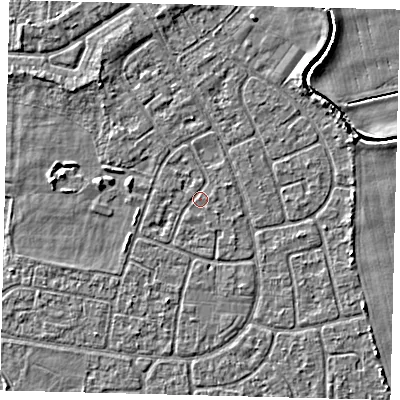 Shaded relief map of the ground around HU95BU, computed from Environment Agency LiDAR. The ground here sits at about 2 m above sea level and falls 3 m across the surrounding 800 m. Surface water reaching this point runs off ground lying to the east-north-east, 0.7 m higher.