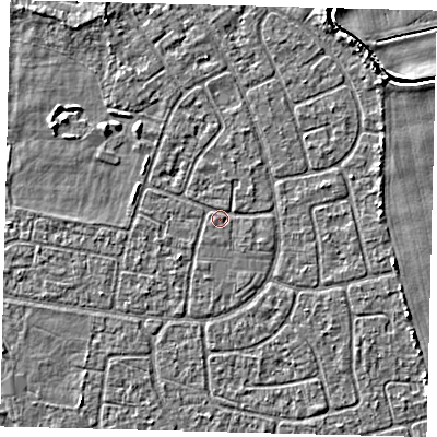 Shaded relief map of the ground around HU95BW, computed from Environment Agency LiDAR. The ground here sits at about 2 m above sea level and falls 3 m across the surrounding 800 m. Surface water reaching this point runs off ground lying to the east-south-east, 0.8 m higher.