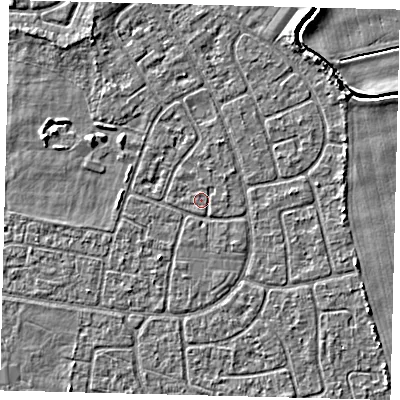 Shaded relief map of the ground around HU95BY, computed from Environment Agency LiDAR. The ground here sits at about 2 m above sea level and falls 3 m across the surrounding 800 m. The ground contributing surface water to this point lies to the north-north-west.