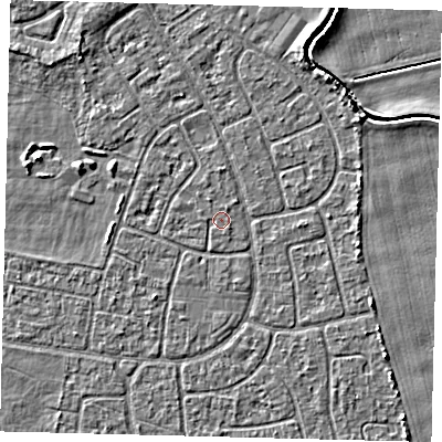 Shaded relief map of the ground around HU95BZ, computed from Environment Agency LiDAR. The ground here sits at about 2 m above sea level and falls 3 m across the surrounding 800 m. The ground contributing surface water to this point lies to the north-north-west.