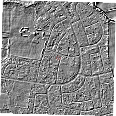Shaded relief map of the ground around HU95DA, computed from Environment Agency LiDAR. The ground here sits at about 2 m above sea level and falls 3 m across the surrounding 800 m. The ground contributing surface water to this point lies to the north-west.