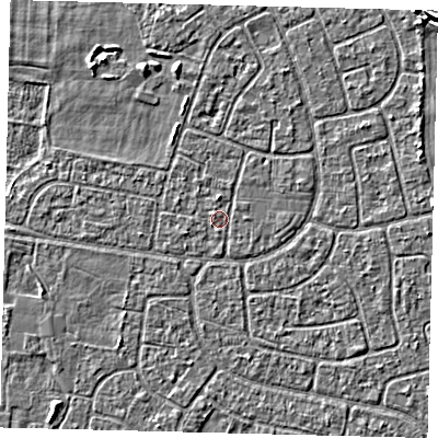 Shaded relief map of the ground around HU95DB, computed from Environment Agency LiDAR. The ground here sits at about 2 m above sea level and falls 3 m across the surrounding 800 m. Surface water reaching this point runs off ground lying to the north, 0.8 m higher.