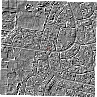 Shaded relief map of the ground around HU95DD, computed from Environment Agency LiDAR. The ground here sits at about 2 m above sea level and falls 2 m across the surrounding 800 m. Surface water reaching this point runs off ground lying to the south-west, 1.4 m higher.