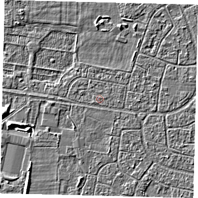 Shaded relief map of the ground around HU95DE, computed from Environment Agency LiDAR. The ground here sits at about 2 m above sea level and falls 5 m across the surrounding 800 m. The ground contributing surface water to this point lies to the west-south-west.