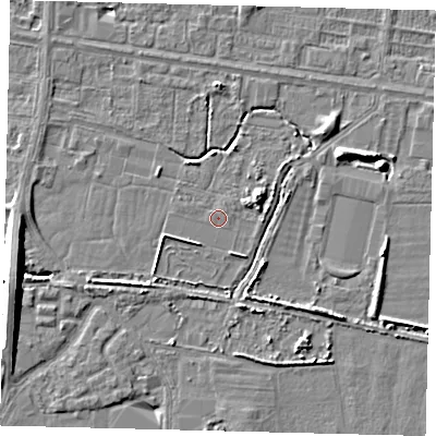 Shaded relief map of the ground around HU95DF, computed from Environment Agency LiDAR. The ground here sits at about 2 m above sea level and falls 8 m across the surrounding 800 m. Surface water reaching this point runs off ground lying to the east-north-east, 2.8 m higher.