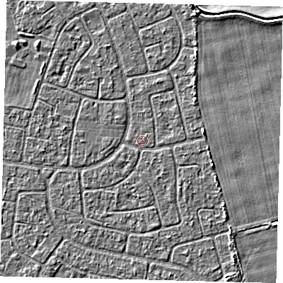 Shaded relief map of the ground around HU95DG, computed from Environment Agency LiDAR. The ground here sits at about 2 m above sea level and falls 3 m across the surrounding 800 m. Surface water reaching this point runs off ground lying to the east, 1.6 m higher.