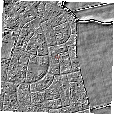 Shaded relief map of the ground around HU95DH, computed from Environment Agency LiDAR. The ground here sits at about 2 m above sea level and falls 3 m across the surrounding 800 m. The ground contributing surface water to this point lies to the east.