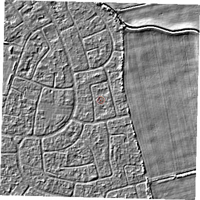 Shaded relief map of the ground around HU95DJ, computed from Environment Agency LiDAR. The ground here sits at about 2 m above sea level and falls 3 m across the surrounding 800 m. The ground contributing surface water to this point lies to the east.