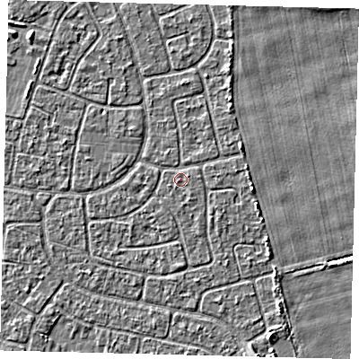 Shaded relief map of the ground around HU95DL, computed from Environment Agency LiDAR. The ground here sits at about 2 m above sea level and falls 2 m across the surrounding 800 m. The ground contributing surface water to this point lies to the south-south-east.