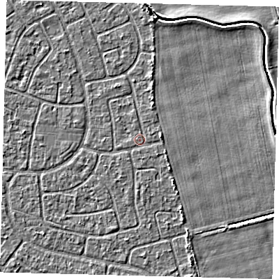 Shaded relief map of the ground around HU95DN, computed from Environment Agency LiDAR. The ground here sits at about 2 m above sea level and falls 3 m across the surrounding 800 m. Surface water reaching this point runs off ground lying to the east, 1.4 m higher.