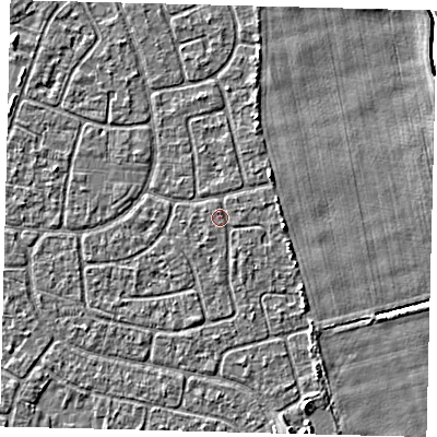 Shaded relief map of the ground around HU95DP, computed from Environment Agency LiDAR. The ground here sits at about 2 m above sea level and falls 3 m across the surrounding 800 m. The ground contributing surface water to this point lies to the north-north-west.