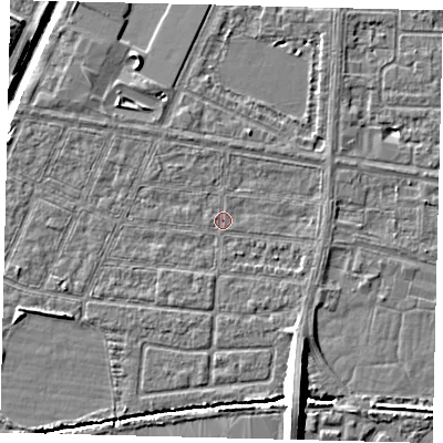 Shaded relief map of the ground around HU95DQ, computed from Environment Agency LiDAR. The ground here sits at about 2 m above sea level and falls 11 m across the surrounding 800 m. Surface water reaching this point runs off ground lying to the south-south-east, 8.4 m higher.