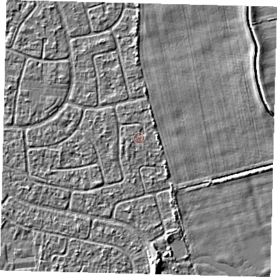 Shaded relief map of the ground around HU95DR, computed from Environment Agency LiDAR. The ground here sits at about 2 m above sea level and falls 4 m across the surrounding 800 m. Surface water reaching this point runs off ground lying to the north-east, 1.6 m higher.