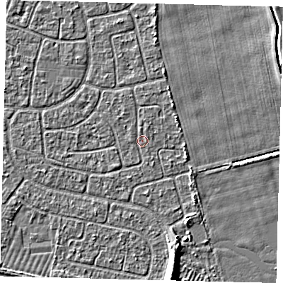 Shaded relief map of the ground around HU95DS, computed from Environment Agency LiDAR. The ground here sits at about 2 m above sea level and falls 6 m across the surrounding 800 m. Surface water reaching this point runs off ground lying to the north-east, 1.8 m higher.