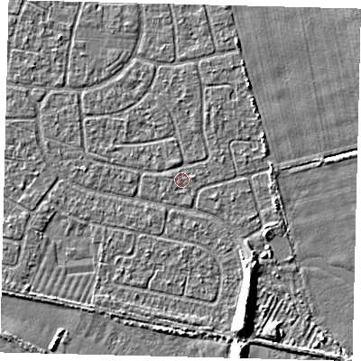 Shaded relief map of the ground around HU95DT, computed from Environment Agency LiDAR. The ground here sits at about 2 m above sea level and falls 6 m across the surrounding 800 m. The ground contributing surface water to this point lies to the west-north-west.