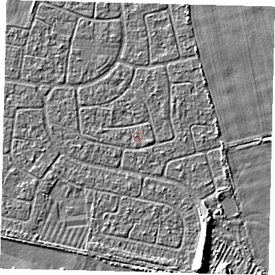 Shaded relief map of the ground around HU95DU, computed from Environment Agency LiDAR. The ground here sits at about 2 m above sea level and falls 6 m across the surrounding 800 m. The ground contributing surface water to this point lies to the east-south-east.
