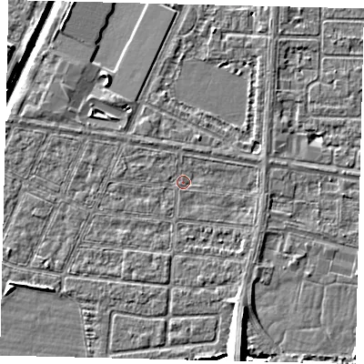 Shaded relief map of the ground around HU95DX, computed from Environment Agency LiDAR. The ground here sits at about 2 m above sea level and falls 11 m across the surrounding 800 m. Surface water reaching this point runs off ground lying to the south-south-east, 7.4 m higher.