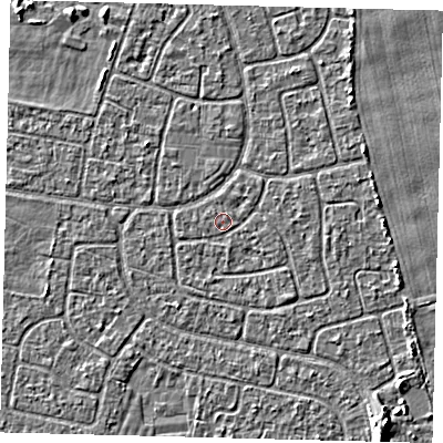 Shaded relief map of the ground around HU95EA, computed from Environment Agency LiDAR. The ground here sits at about 2 m above sea level and falls 3 m across the surrounding 800 m. Surface water reaching this point runs off ground lying to the east, 0.8 m higher.