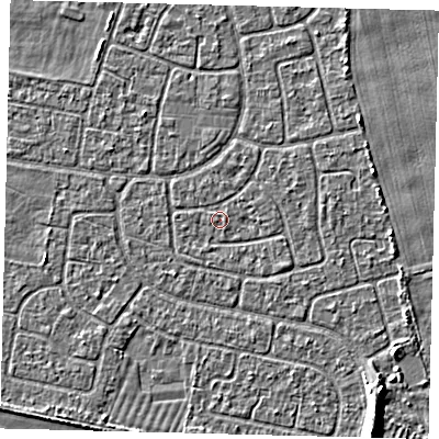 Shaded relief map of the ground around HU95EB, computed from Environment Agency LiDAR. The ground here sits at about 2 m above sea level and falls 5 m across the surrounding 800 m. Surface water reaching this point runs off ground lying to the east-north-east, 0.8 m higher.
