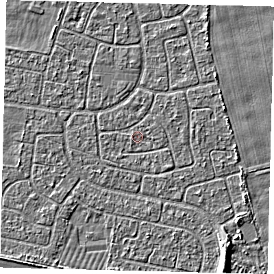 Shaded relief map of the ground around HU95ED, computed from Environment Agency LiDAR. The ground here sits at about 2 m above sea level and falls 5 m across the surrounding 800 m. Surface water reaching this point runs off ground lying to the south, 0.6 m higher.