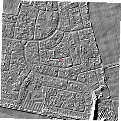 Shaded relief map of the ground around HU95EE, computed from Environment Agency LiDAR. The ground here sits at about 2 m above sea level and falls 6 m across the surrounding 800 m. Surface water reaching this point runs off ground lying to the east, 0.6 m higher.