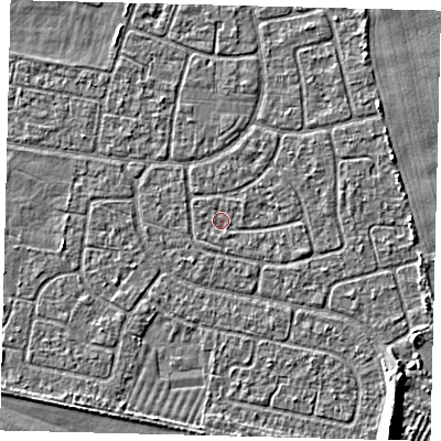 Shaded relief map of the ground around HU95EF, computed from Environment Agency LiDAR. The ground here sits at about 2 m above sea level and falls 6 m across the surrounding 800 m. The ground contributing surface water to this point lies to the north-north-east.
