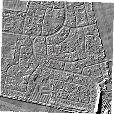 Shaded relief map of the ground around HU95EG, computed from Environment Agency LiDAR. The ground here sits at about 2 m above sea level and falls 6 m across the surrounding 800 m. Surface water reaching this point runs off ground lying to the east, 0.6 m higher.
