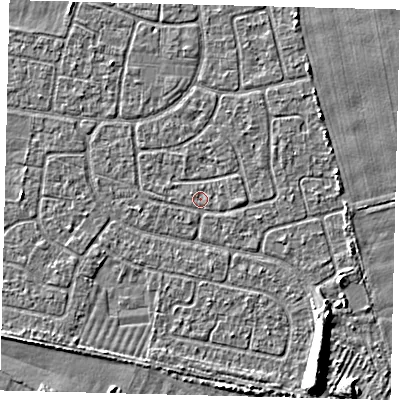 Shaded relief map of the ground around HU95EH, computed from Environment Agency LiDAR. The ground here sits at about 2 m above sea level and falls 6 m across the surrounding 800 m. The ground contributing surface water to this point lies to the east-north-east.