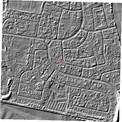 Shaded relief map of the ground around HU95EJ, computed from Environment Agency LiDAR. The ground here sits at about 2 m above sea level and falls 7 m across the surrounding 800 m. The ground contributing surface water to this point lies to the east.