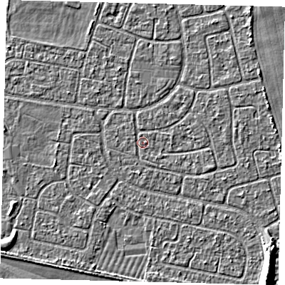 Shaded relief map of the ground around HU95EL, computed from Environment Agency LiDAR. The ground here sits at about 2 m above sea level and falls 6 m across the surrounding 800 m. Surface water reaching this point runs off ground lying to the east-south-east, 0.6 m higher.