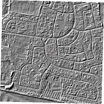 Shaded relief map of the ground around HU95EN, computed from Environment Agency LiDAR. The ground here sits at about 2 m above sea level and falls 2 m across the surrounding 800 m. The ground contributing surface water to this point lies to the west-south-west.