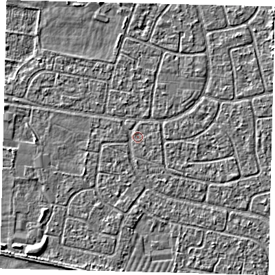 Shaded relief map of the ground around HU95EP, computed from Environment Agency LiDAR. The ground here sits at about 2 m above sea level and falls 3 m across the surrounding 800 m. Surface water reaching this point runs off ground lying to the south-west, 1.8 m higher.
