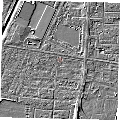 Shaded relief map of the ground around HU95EQ, computed from Environment Agency LiDAR. The ground here sits at about 2 m above sea level and falls 9 m across the surrounding 800 m. Surface water reaching this point runs off ground lying to the south-south-east, 6.1 m higher.