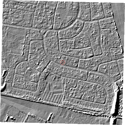 Shaded relief map of the ground around HU95ER, computed from Environment Agency LiDAR. The ground here sits at about 2 m above sea level and falls 6 m across the surrounding 800 m. Surface water reaching this point runs off ground lying to the south-east, 6.0 m higher.