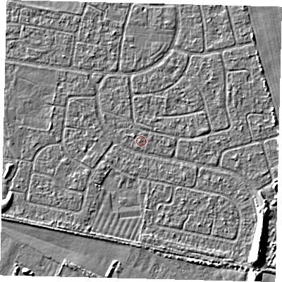Shaded relief map of the ground around HU95ES, computed from Environment Agency LiDAR. The ground here sits at about 2 m above sea level and falls 6 m across the surrounding 800 m. The ground contributing surface water to this point lies to the east-north-east.