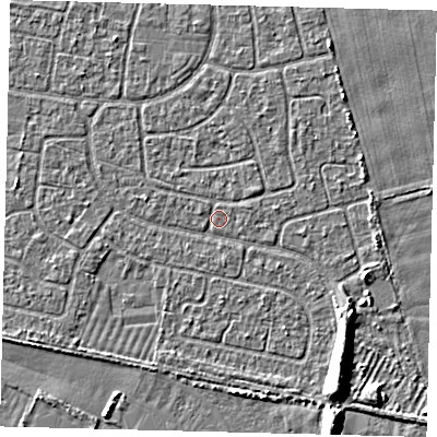 Shaded relief map of the ground around HU95ET, computed from Environment Agency LiDAR. The ground here sits at about 2 m above sea level and falls 6 m across the surrounding 800 m. Surface water reaching this point runs off ground lying to the north-east, 2.1 m higher.