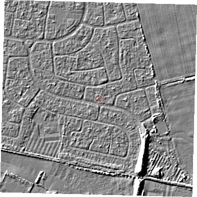 Shaded relief map of the ground around HU95EU, computed from Environment Agency LiDAR. The ground here sits at about 2 m above sea level and falls 6 m across the surrounding 800 m. Surface water reaching this point runs off ground lying to the south-south-east, 5.9 m higher.