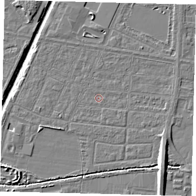 Shaded relief map of the ground around HU95EW, computed from Environment Agency LiDAR. The ground here sits at about 2 m above sea level and falls 11 m across the surrounding 800 m. Surface water reaching this point runs off ground lying to the south-east, 8.4 m higher.