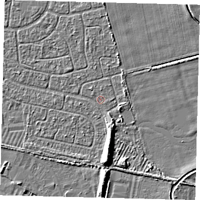 Shaded relief map of the ground around HU95EX, computed from Environment Agency LiDAR. The ground here sits at about 2 m above sea level and falls 6 m across the surrounding 800 m. Surface water reaching this point runs off ground lying to the south-south-east, 1.9 m higher.