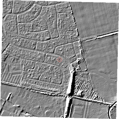 Shaded relief map of the ground around HU95EY, computed from Environment Agency LiDAR. The ground here sits at about 2 m above sea level and falls 6 m across the surrounding 800 m. Surface water reaching this point runs off ground lying to the south-east, 1.9 m higher.