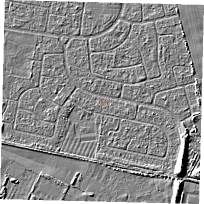Shaded relief map of the ground around HU95EZ, computed from Environment Agency LiDAR. The ground here sits at about 2 m above sea level and falls 6 m across the surrounding 800 m. Surface water reaching this point runs off ground lying to the south-east, 6.0 m higher.