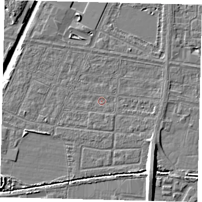 Shaded relief map of the ground around HU95FA, computed from Environment Agency LiDAR. The ground here sits at about 2 m above sea level and falls 11 m across the surrounding 800 m. Surface water reaching this point runs off ground lying to the south-east, 8.4 m higher.