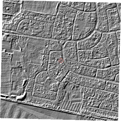 Shaded relief map of the ground around HU95HA, computed from Environment Agency LiDAR. The ground here sits at about 2 m above sea level and falls 3 m across the surrounding 800 m. Surface water reaching this point runs off ground lying to the south-south-east, 1.1 m higher.