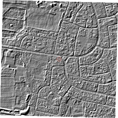 Shaded relief map of the ground around HU95HB, computed from Environment Agency LiDAR. The ground here sits at about 2 m above sea level and falls 3 m across the surrounding 800 m. Surface water reaching this point runs off ground lying to the south-south-west, 1.8 m higher.