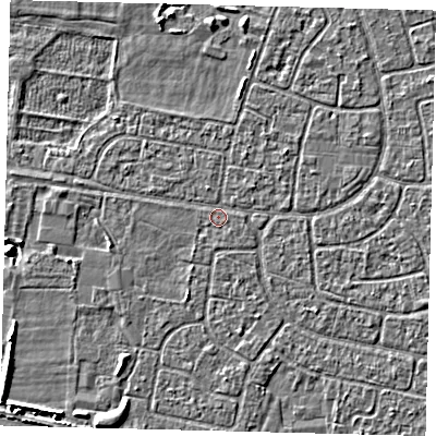 Shaded relief map of the ground around HU95HD, computed from Environment Agency LiDAR. The ground here sits at about 2 m above sea level and falls 4 m across the surrounding 800 m. Surface water reaching this point runs off ground lying to the south-south-west, 1.8 m higher.