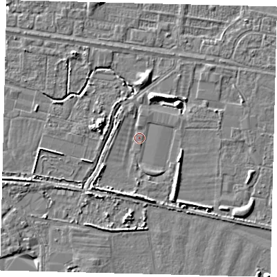 Shaded relief map of the ground around HU95HE, computed from Environment Agency LiDAR. The ground here sits at about 2 m above sea level and falls 5 m across the surrounding 800 m. Surface water reaching this point runs off ground lying to the south-south-east, 2.6 m higher.